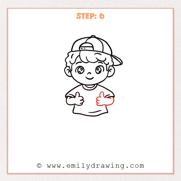 how to draw a cartoon boy - Cartoon boy with a backward baseball cap and shirt, now showing two thumbs-up hands in front of his chest.